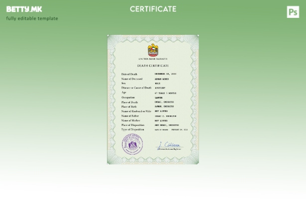 Модерен стил на Обединетите Арапски Емирати, шаблон за PSD сертификат за смрт од